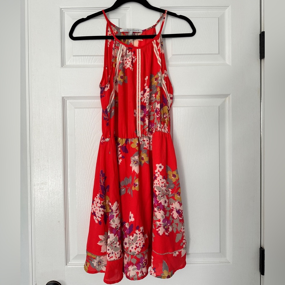 Bright Coral Floral Halter Dress